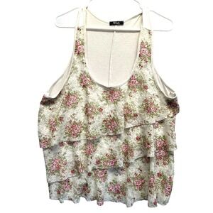 Deb Floral Lace Tiered Ruffle Tank Top Ivory Pink Rose Sleeveless 1X USA Made